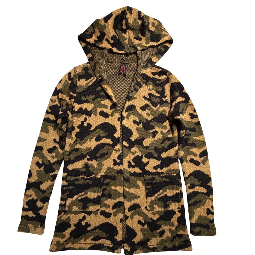 Womens Camo Hooded Cardigan Sweater Green Tan Camouflage Open Front Small